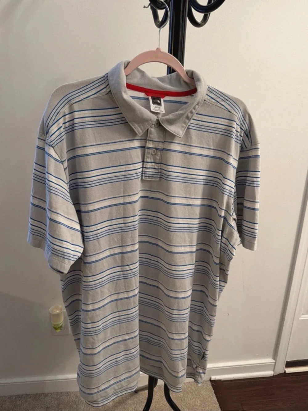 The North Face Men's Light Gray Polo with Blue Stripes